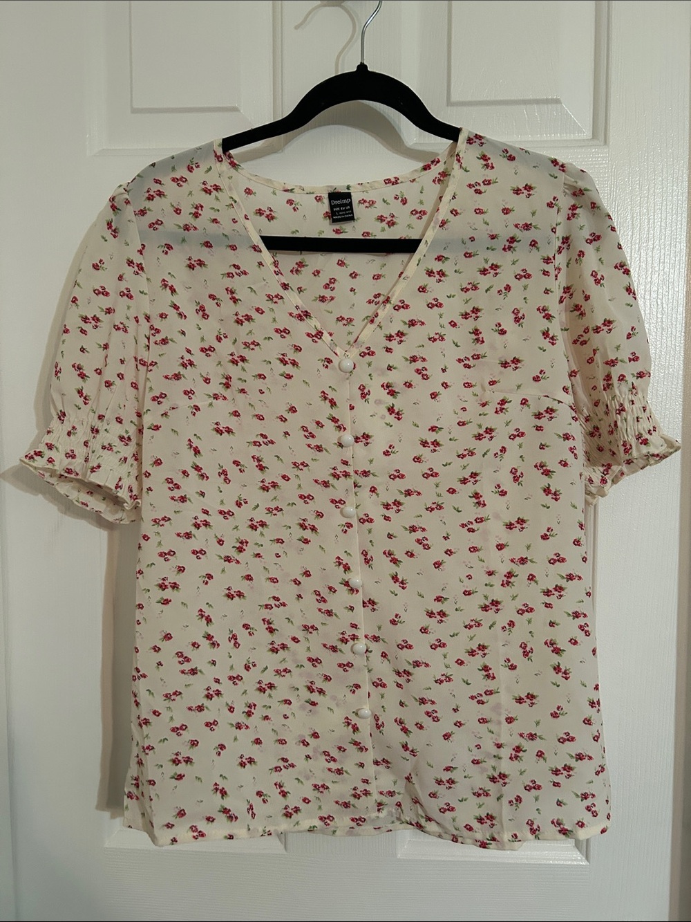 Cream Short-Sleeve Floral Button V-Neck Blouse
